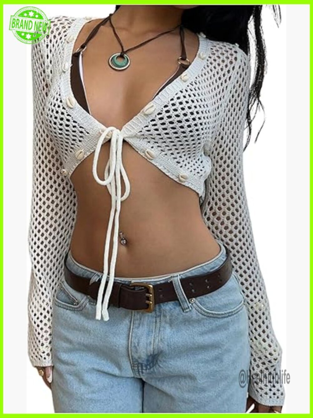 Soft Knit Crochet Cardigan Tie Front Crop Top Long Sleeve V-Neck